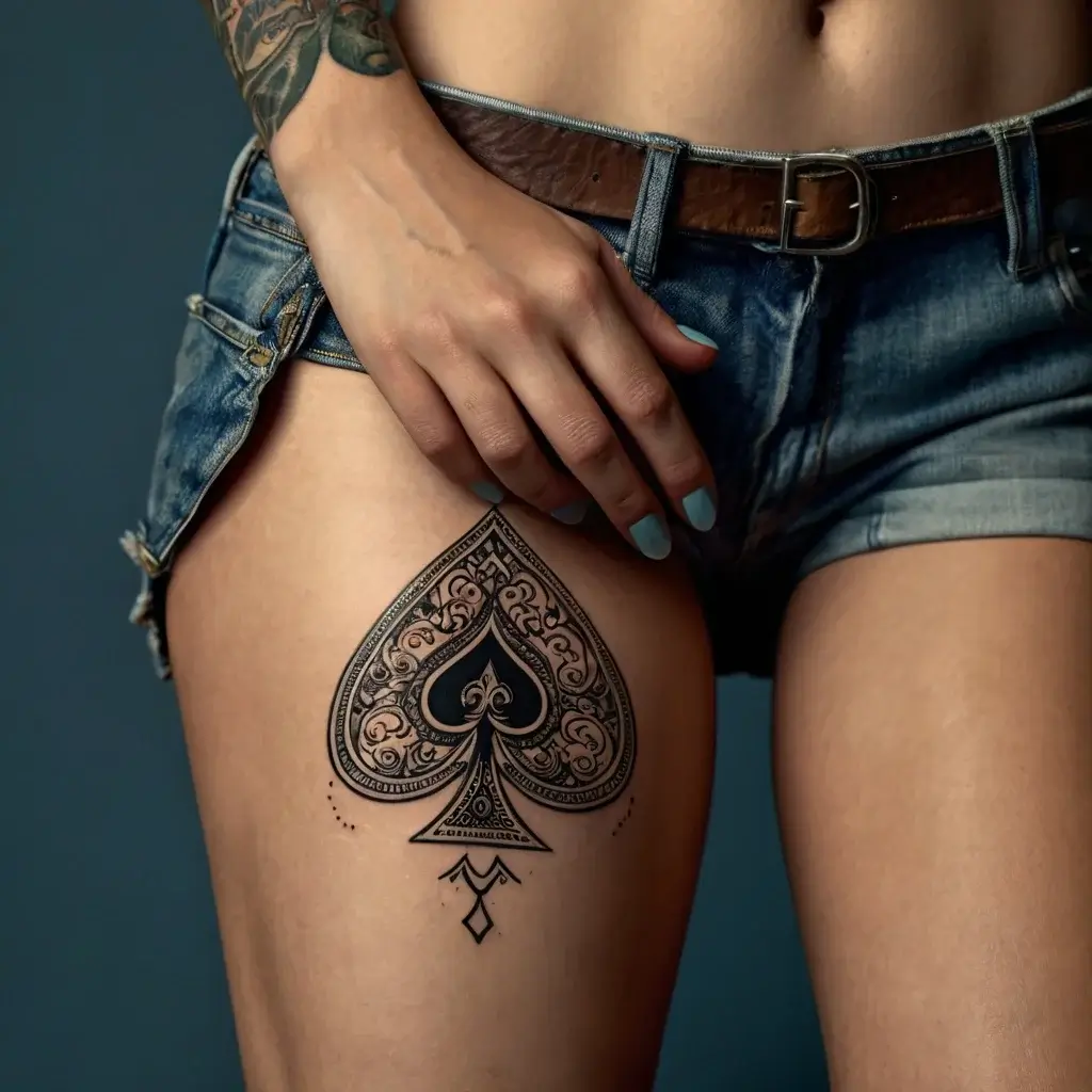 Intricate black spade tattoo with ornamental filigree, embellished with geometric accents on a person's thigh.