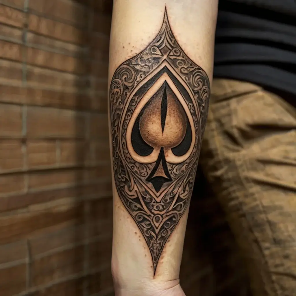 Ornate black and gray spade tattoo with intricate swirling patterns on the arm, emphasizing depth and texture.