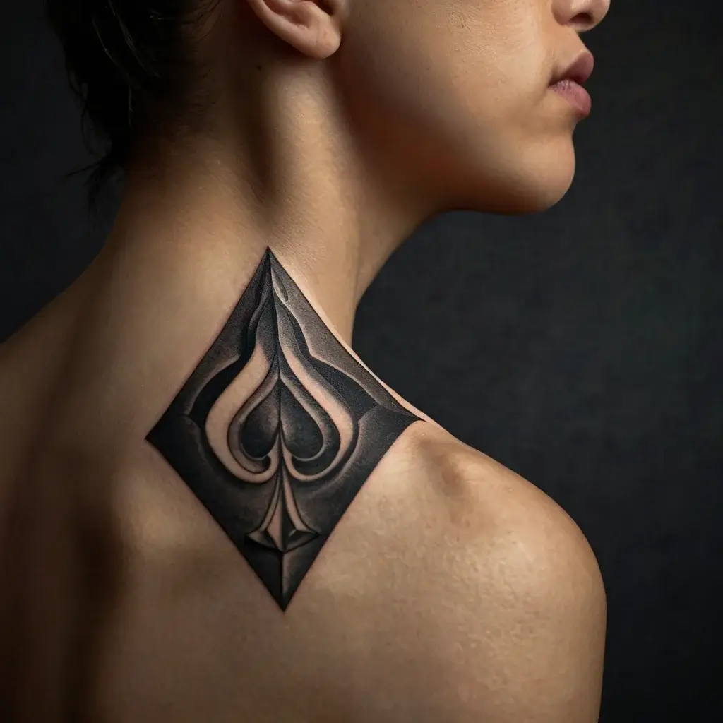 Geometric spade tattoo on shoulder with 3D shading and bold lines, creating a striking and dynamic visual effect.