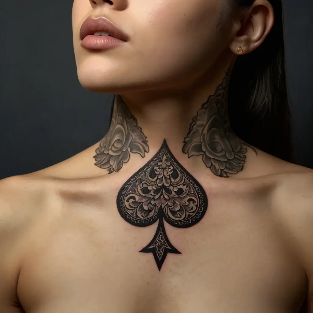 Intricate spade tattoo on the neck with ornate floral patterns extending upward, creating a bold and elegant design.