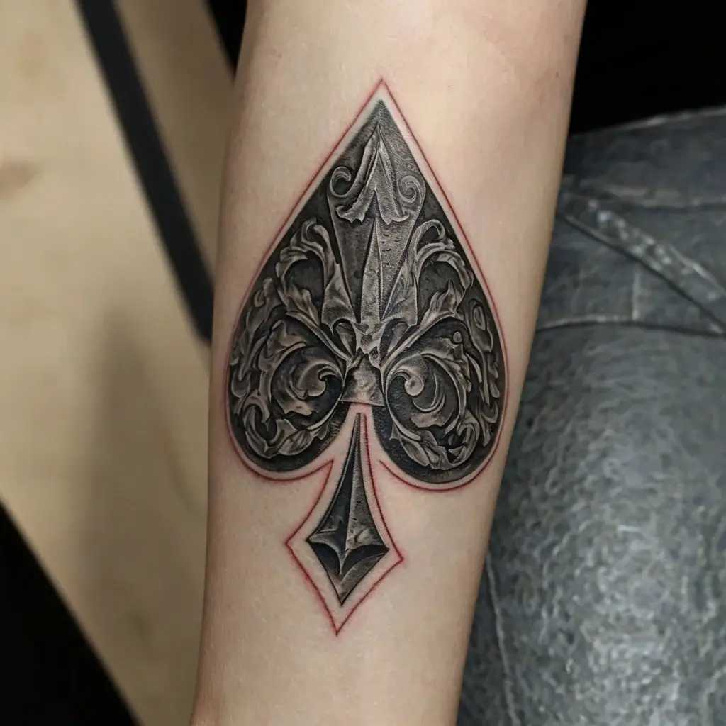 Ornate spade tattoo with intricate, swirling details and a subtle red outline, accented with shading for depth.