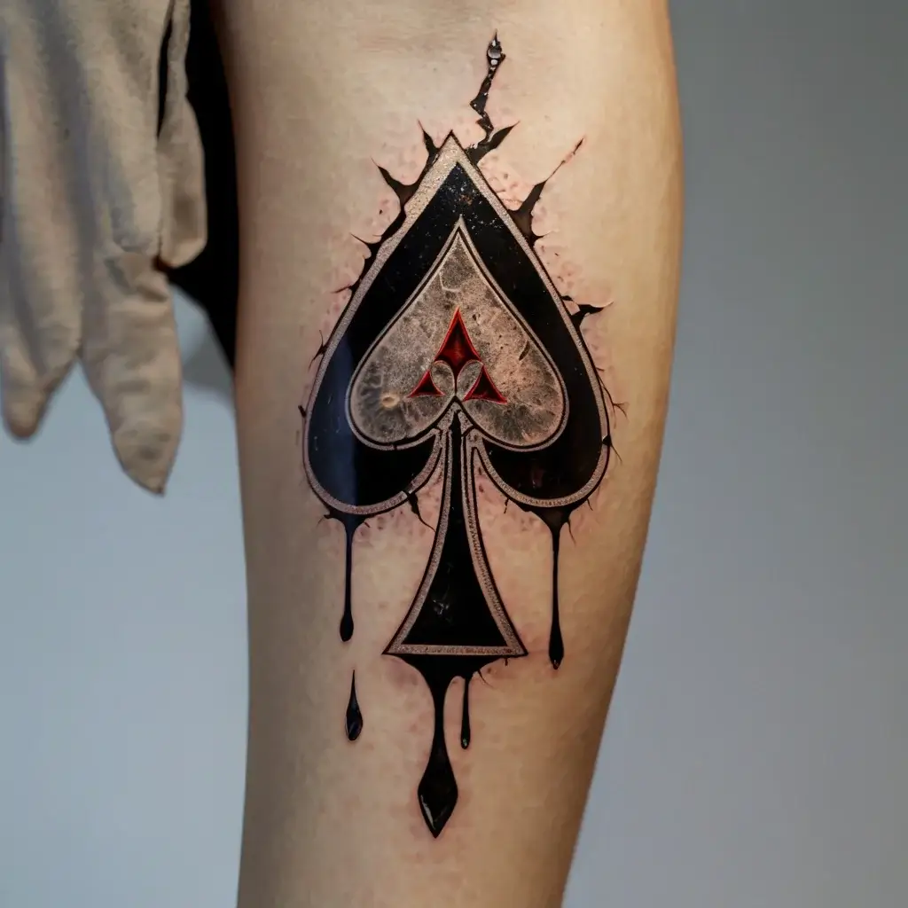 3D spade tattoo with realistic drips, embedded red accents, and dynamic shading for a bold, edgy look.