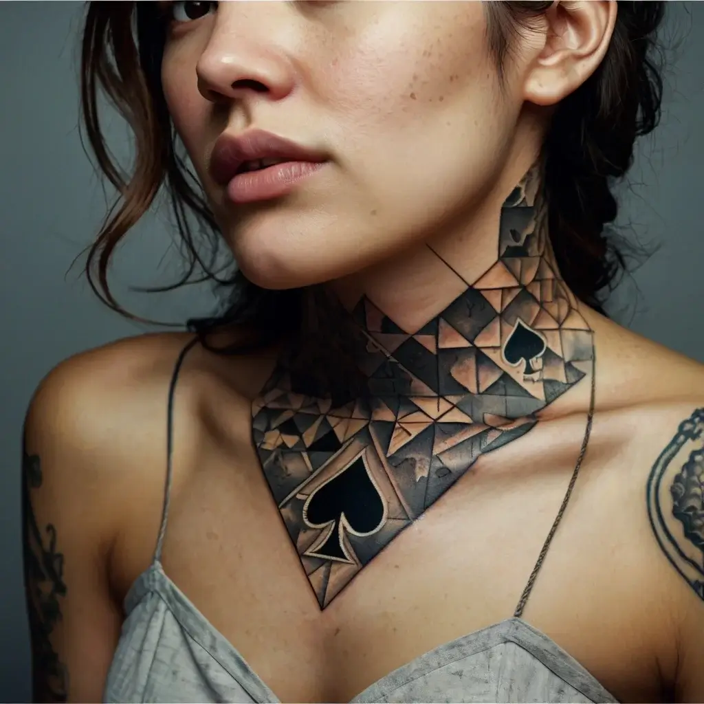 Geometric tattoo with spade symbols on neck and chest, featuring shaded triangles creating a 3D effect.