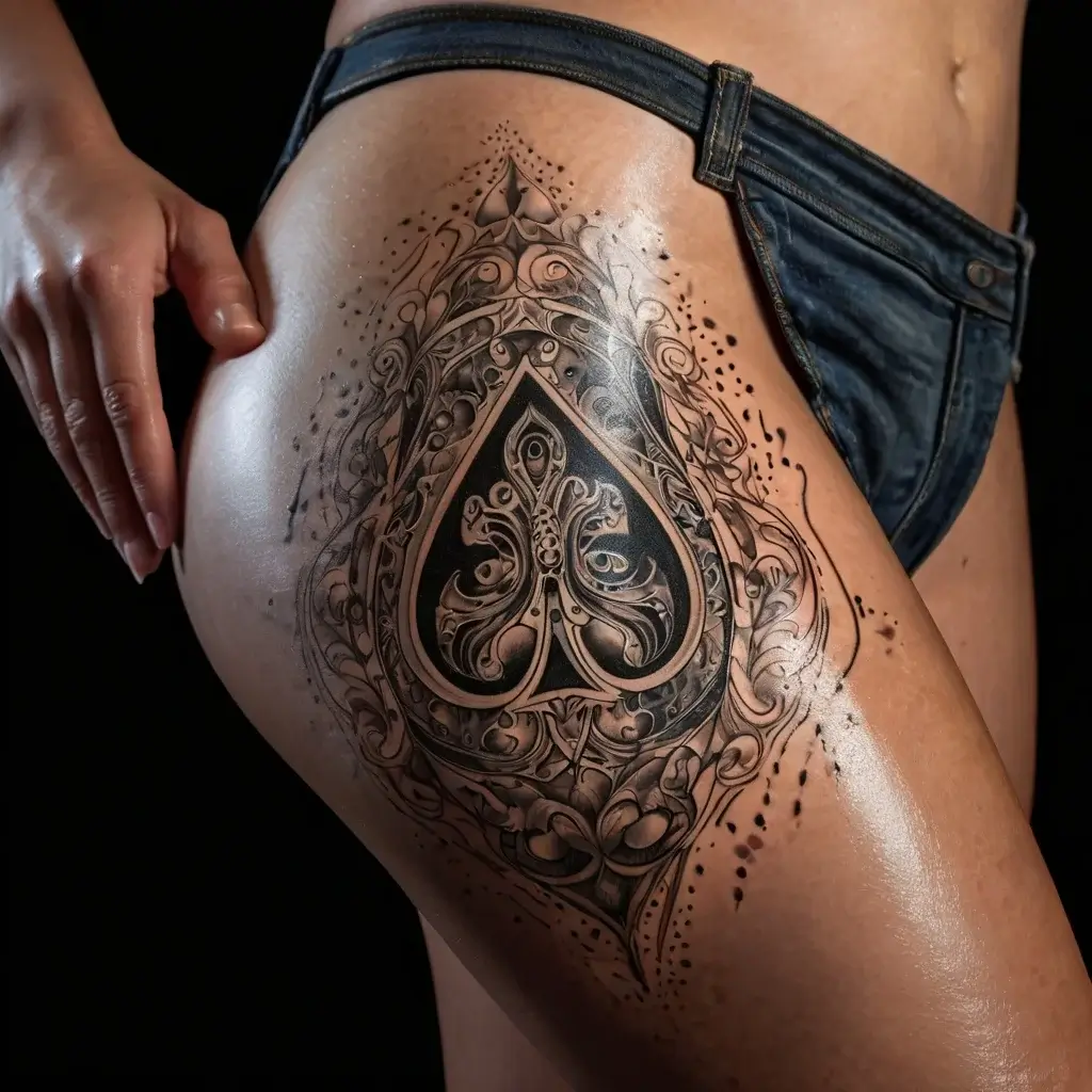 Intricate spade tattoo with ornate filigree and abstract patterns, enhancing the thigh's natural curvature.