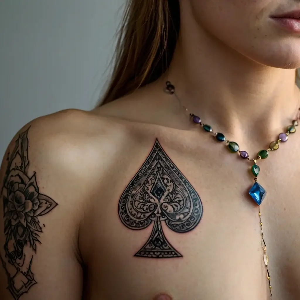 Tattoo of an intricate spade design on the chest, featuring ornamental details. A floral tattoo is visible on the shoulder.