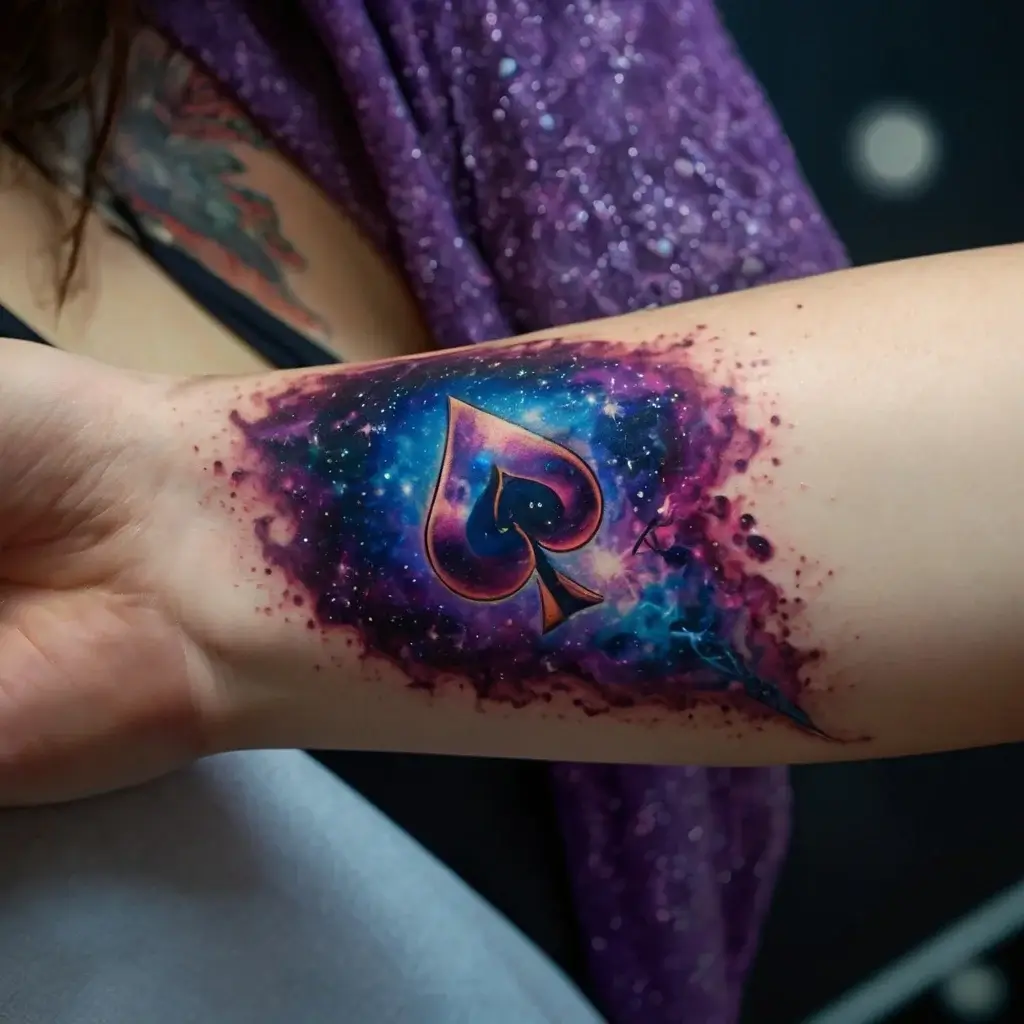 A vibrant spade symbol tattoo set within a cosmic galaxy backdrop, blending purples, blues, and star-like accents.