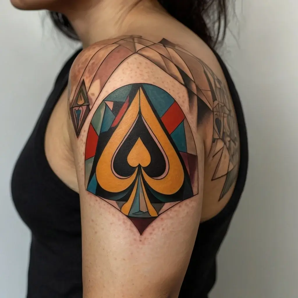 Colorful geometric tattoo with a large spade symbol in black and gold, accented by bold shapes in teal and red.