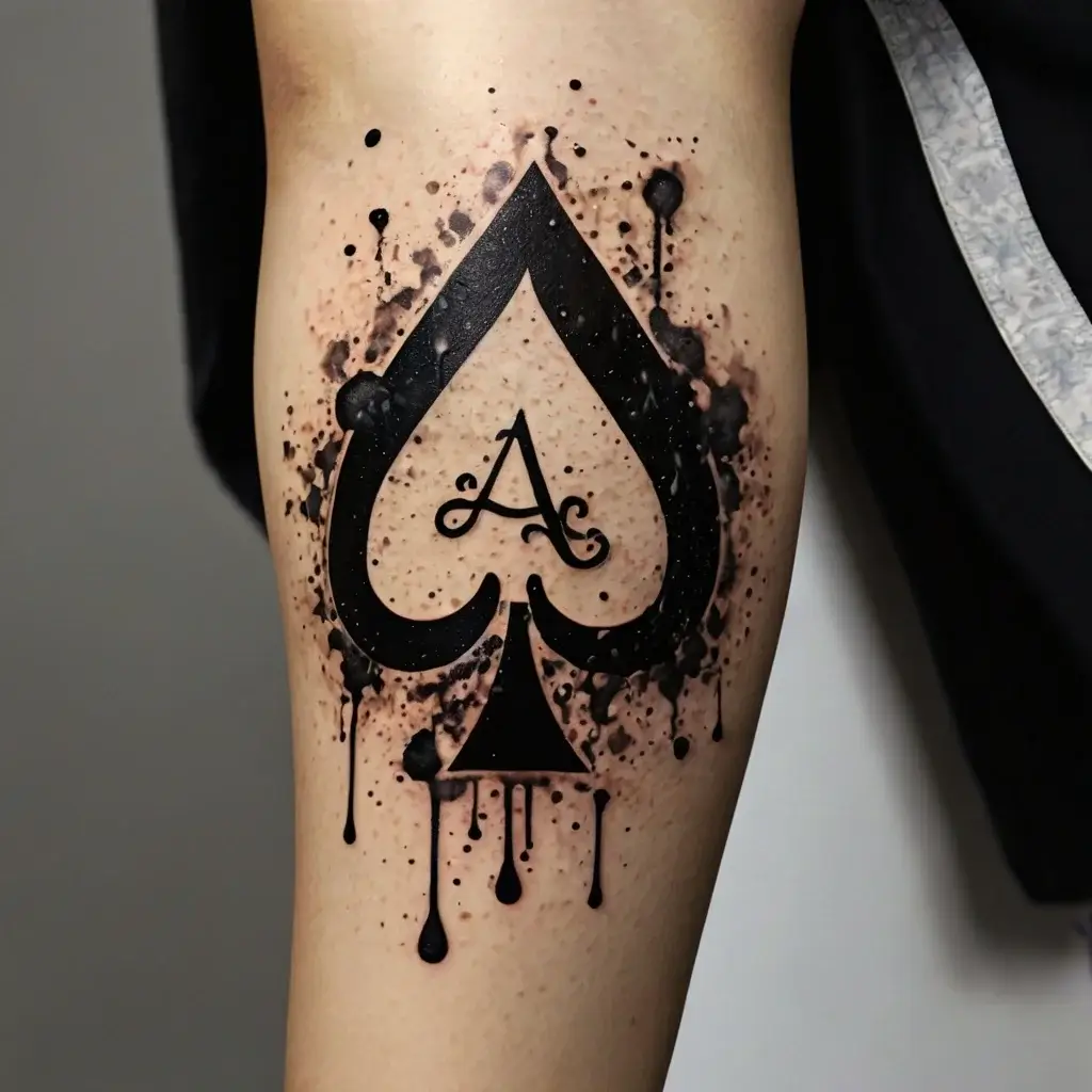 Ace of spades tattoo with black ink splatters and drips, symbolizing power and mystery on the forearm.