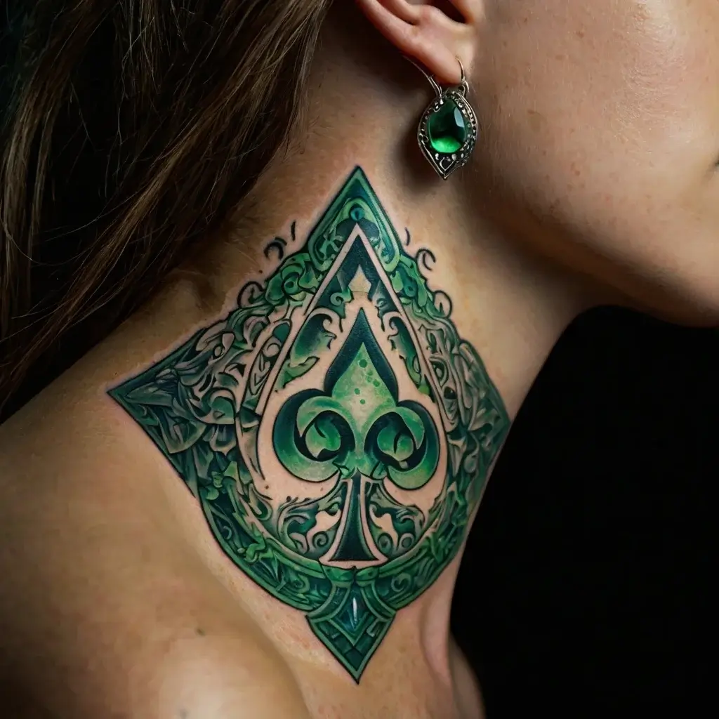 Green ornate spade tattoo on neck, with intricate foliage and filigree design, blending beautifully with skin tone.