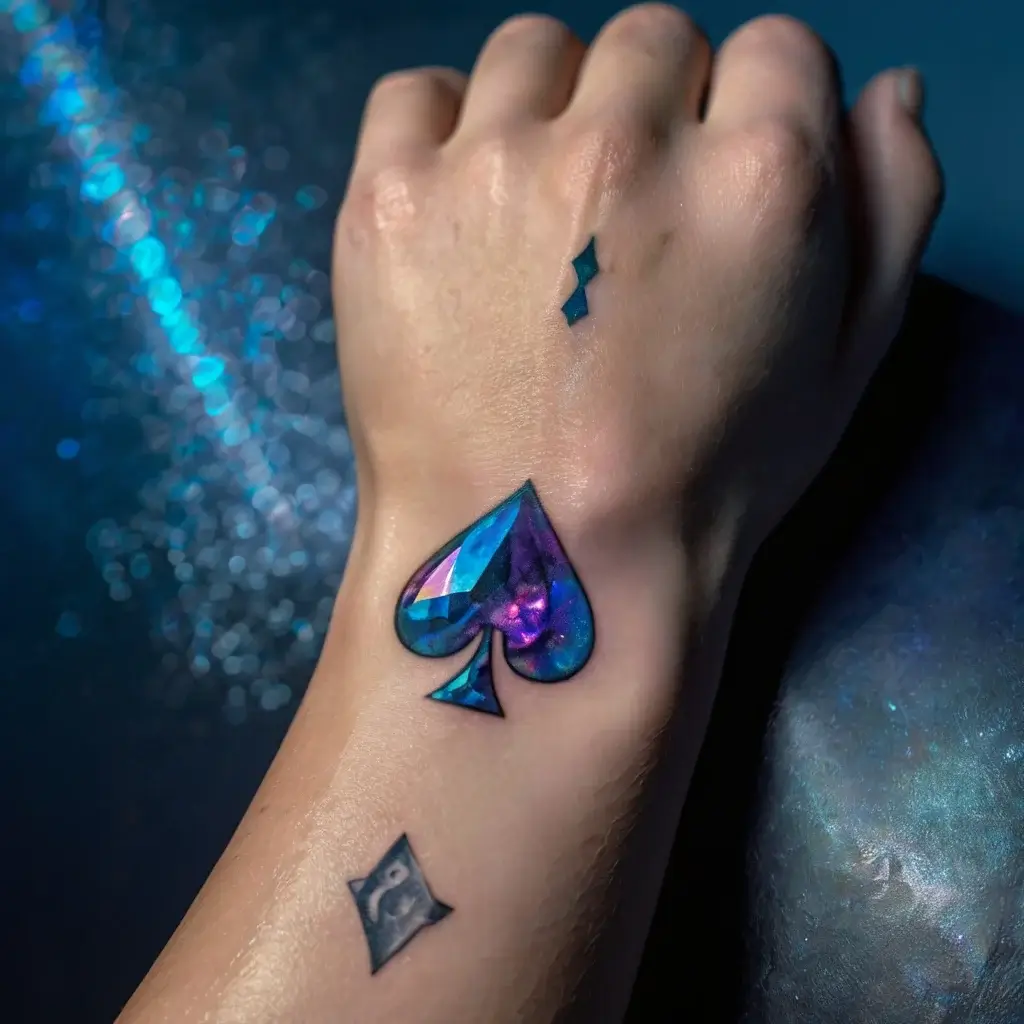 A vibrant spade tattoo with a 3D jewel effect, in shades of blue and purple, accented by diamond symbols on the hand.