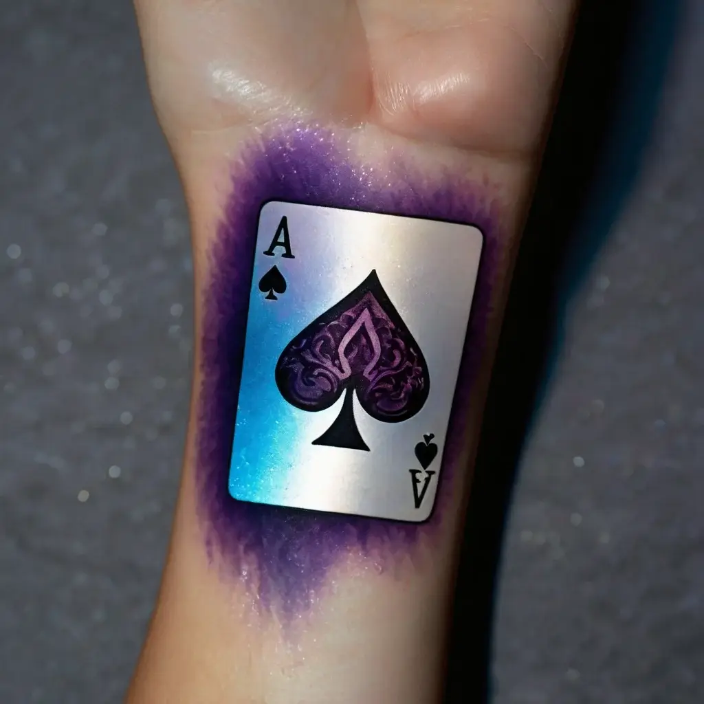 Ace of spades card tattoo with intricate design, set against a vibrant purple and blue galaxy-like background.