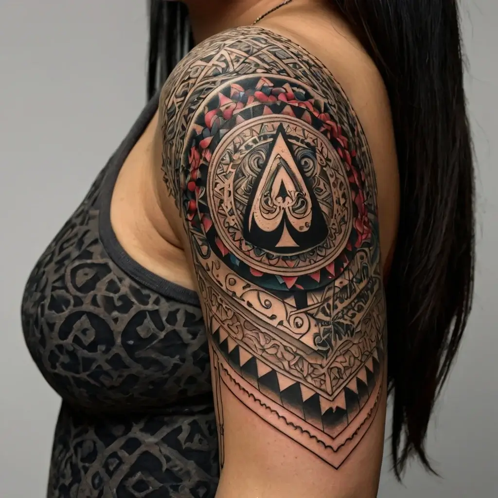 Ornate arm tattoo with intricate tribal patterns and a prominent spade symbol, accented by red and teal details.