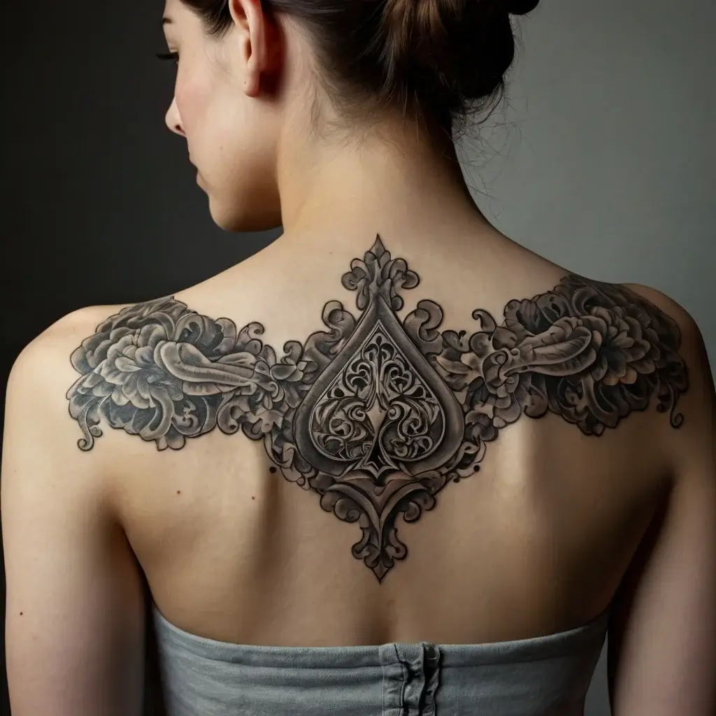 Elegant blackwork tattoo of a spade with intricate filigree, flanked by detailed peonies across the upper back.