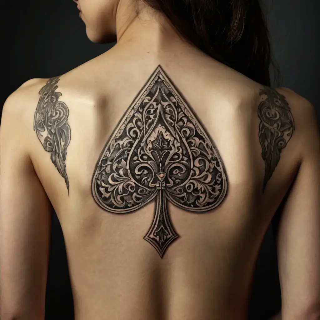 Intricate spade tattoo with floral and ornamental designs, centered on the back, surrounded by ornate wing patterns.