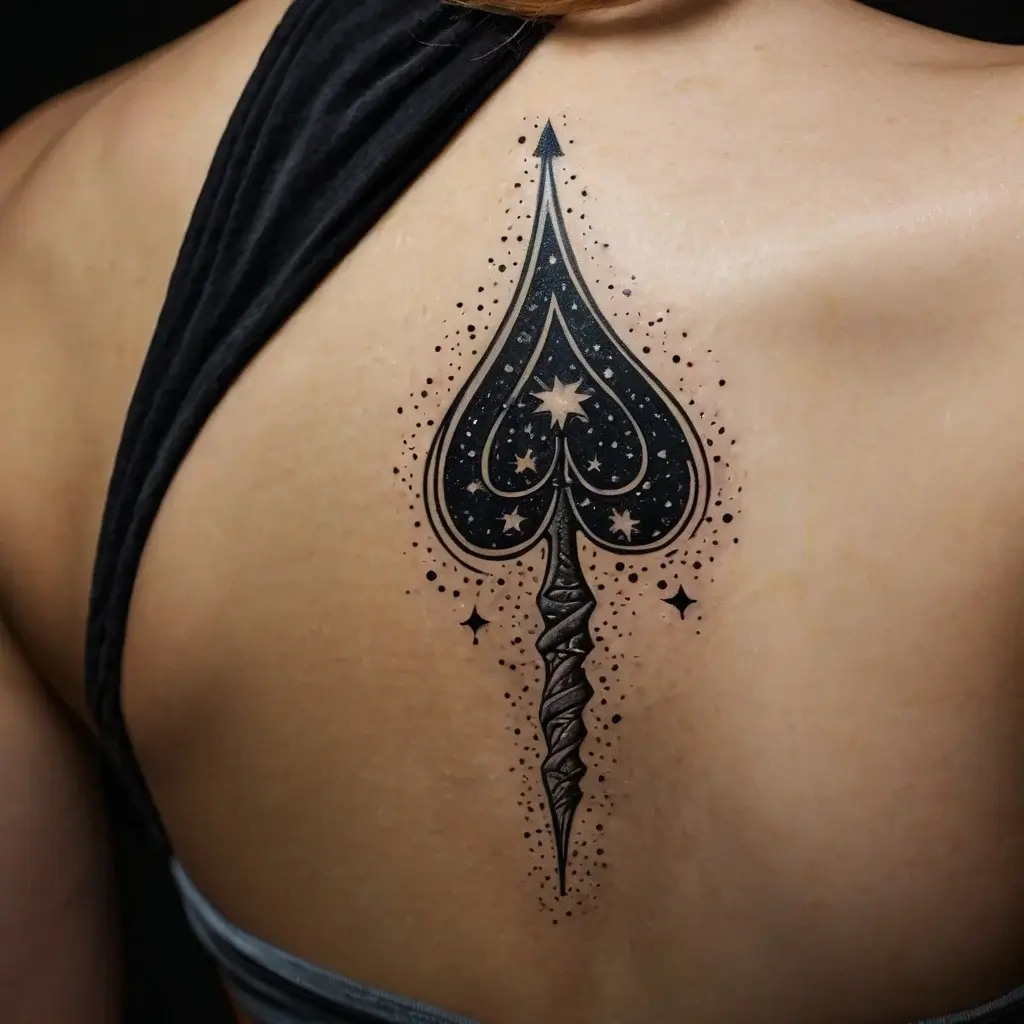 Spade tattoo with stars and galaxies encased in intricate details, elegantly centered on the back, pointing downward.