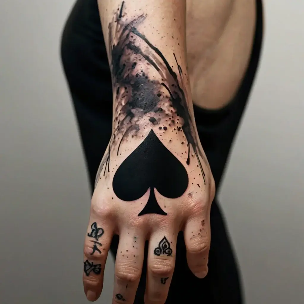 Black spade tattoo with abstract watercolor splashes on the hand, detailed finger symbols, blending bold and subtle art.