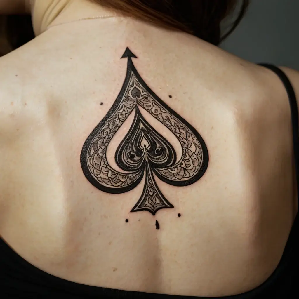 Detailed spade tattoo with ornate patterns and symmetrical dots on upper back, symbolizing mystery and power.