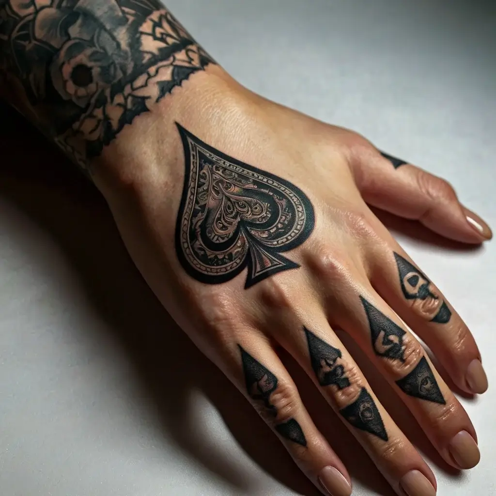 Intricate spade tattoo centered on the hand with detailed patterns, complemented by triangular finger designs.