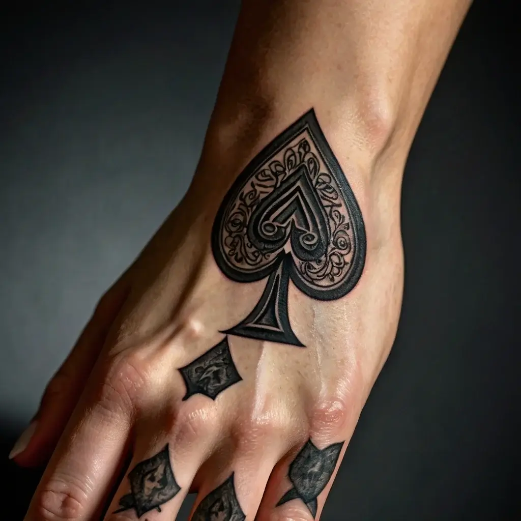 Intricate spade tattoo on the hand, featuring bold outlines and detailed inner patterns for a stylish, artistic look.