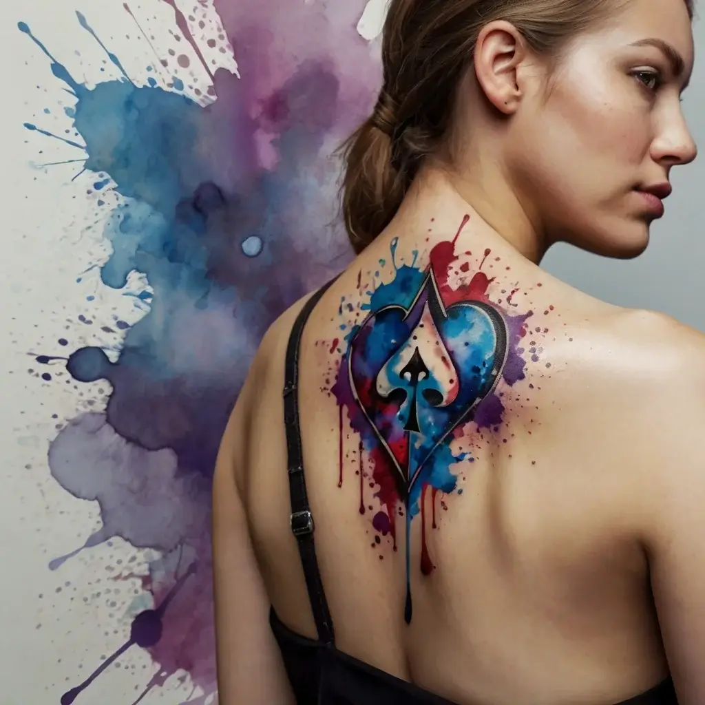 Watercolor tattoo of a spade within a heart on a woman's back, featuring vibrant splashes of blue, red, and purple.