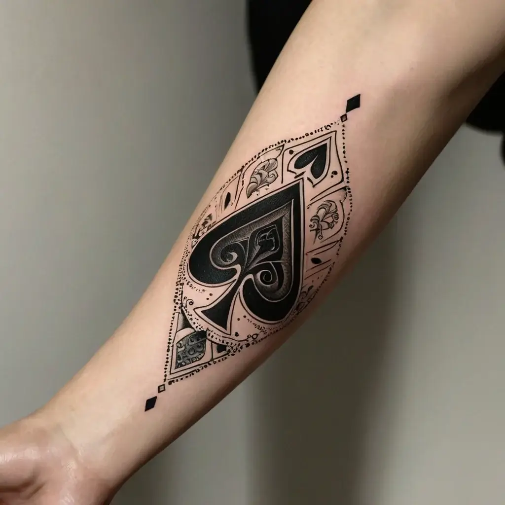 Intricate black spade tattoo with ornate patterns and filigree, accentuated by fine dot work and decorative elements.