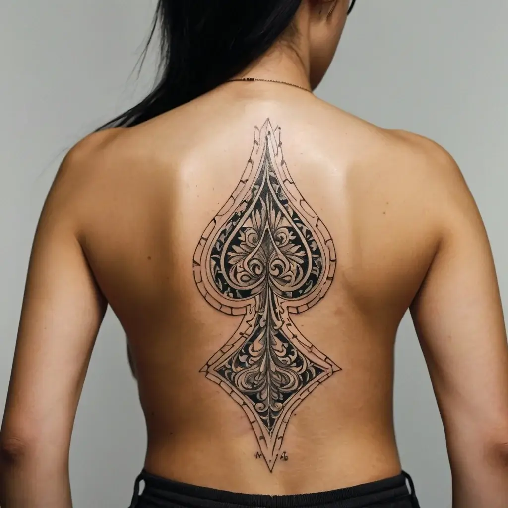 Intricate back tattoo of an ornate spade symbol, featuring detailed floral and scrollwork designs.