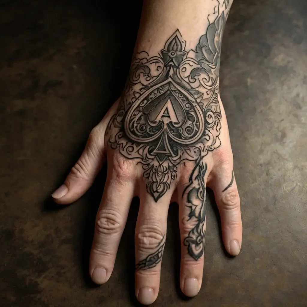 Intricate blackwork tattoo of an Ace of Spades with ornate detailing on the hand, showcasing fine linework and shading.