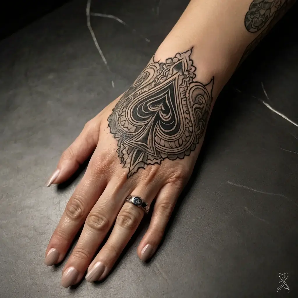 Elaborate spade tattoo on hand with intricate linework and ornamental detailing, featuring bold shading and filigree edges.