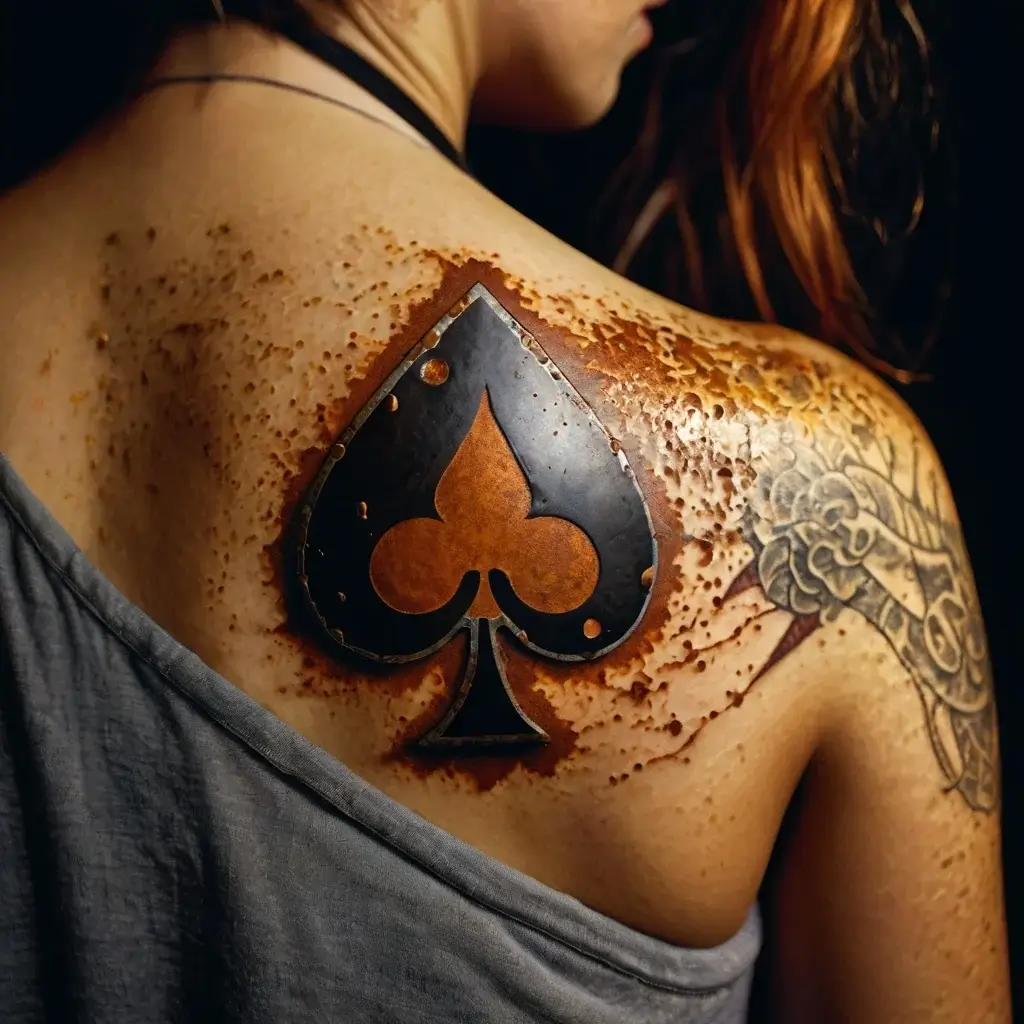 Tattoo of a large spade symbol on shoulder with a 3D rust effect, surrounded by abstract geometric patterns.