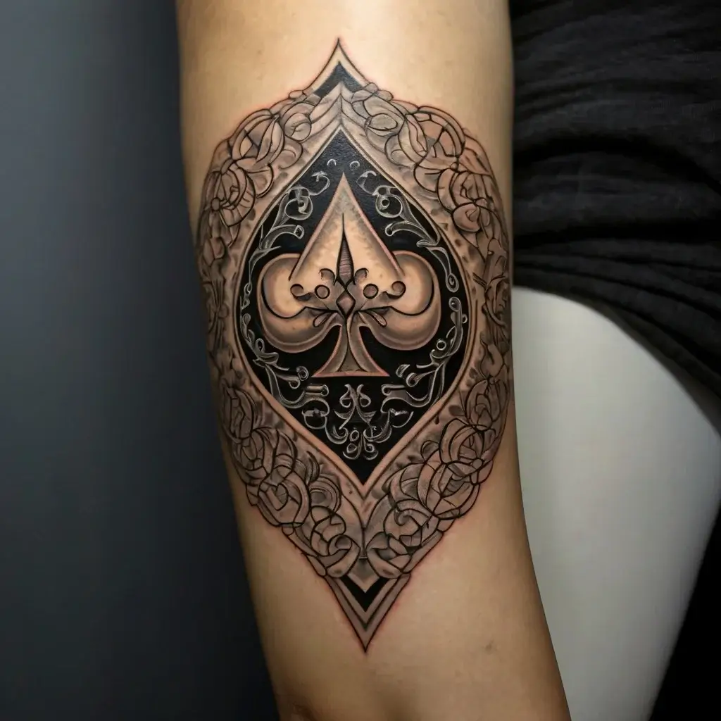 Ornate spade tattoo with intricate black and grey details, floral patterns, and decorative swirls on arm.