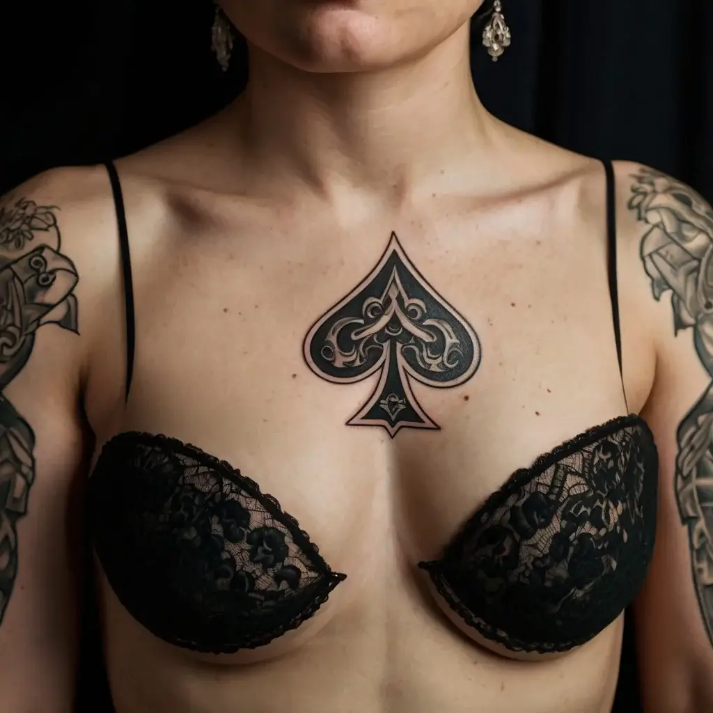 Ornate spade tattoo on chest, featuring intricate filigree details and bold black outlines, symbolizes luck and power.