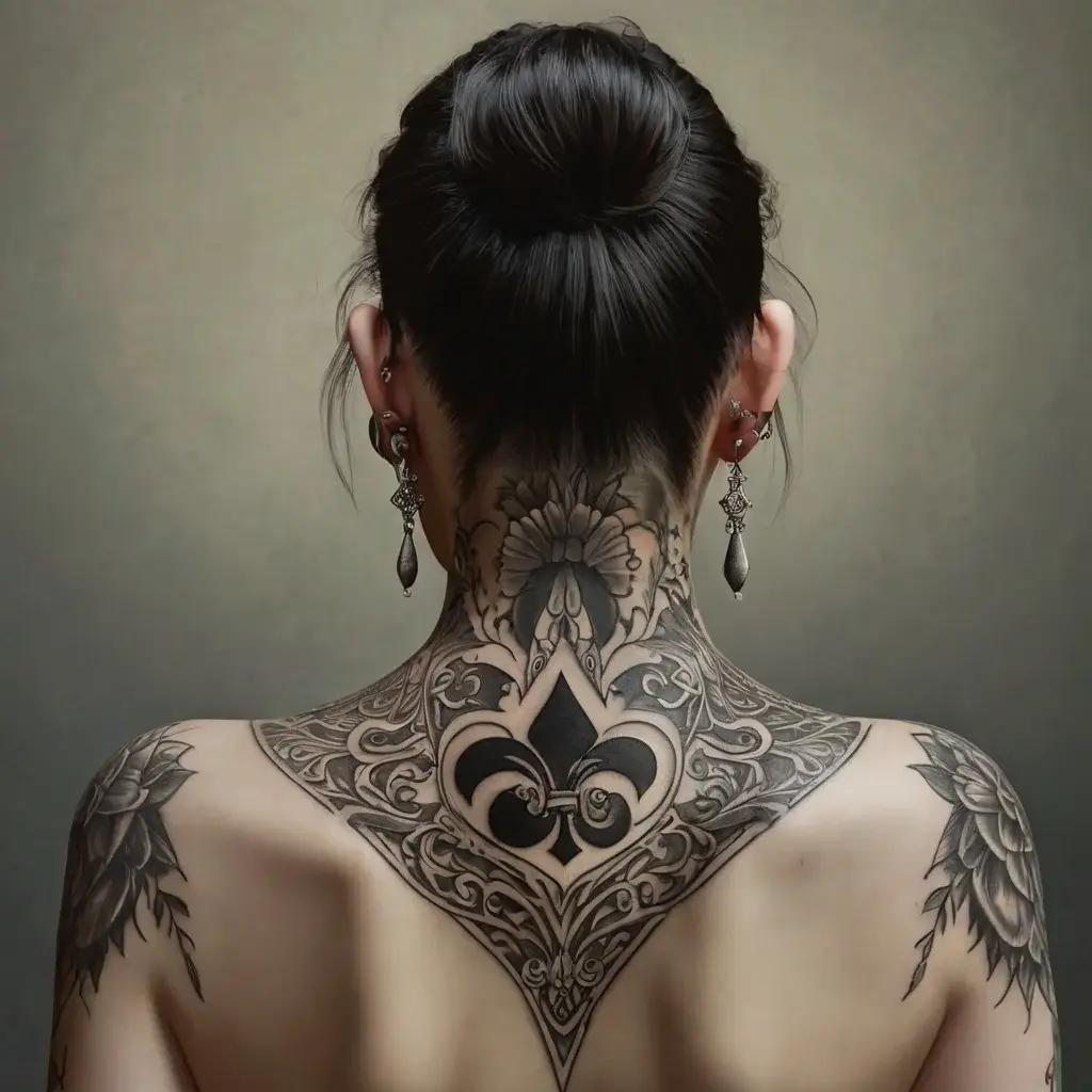 Elegant blackwork tattoo of a stylized fleur-de-lis with intricate floral and ornamental patterns on the back and neck.