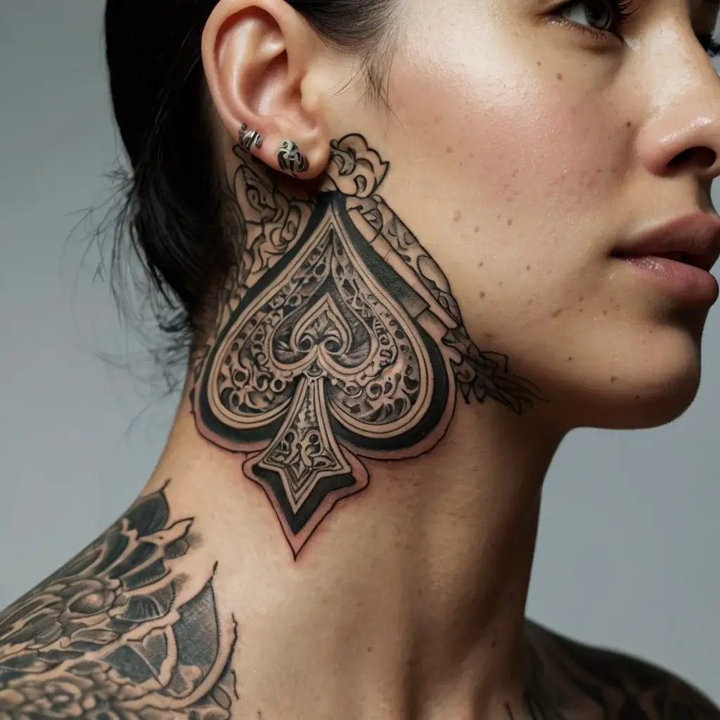 Intricate spade tattoo with ornate details, gracefully covering neck area, blending seamlessly into floral motifs.