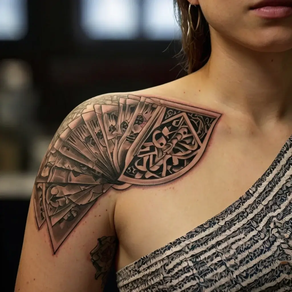 Intricate shoulder tattoo of a geometric fan with Arabic calligraphy and floral patterns, shading adds depth and dimension.