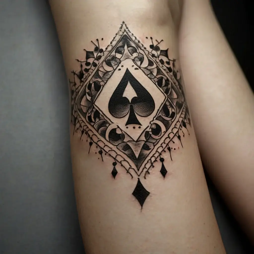 Intricate spade tattoo in a mandala-style design, featuring detailed geometric and ornamental patterns.