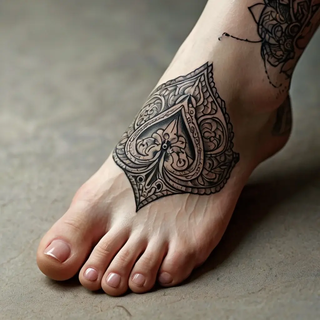 Intricate spade-themed tattoo on foot, featuring detailed filigree patterns, highlighting craftsmanship and symmetry.