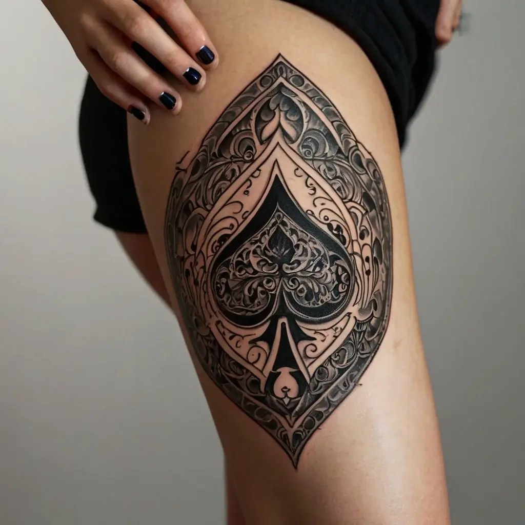 Intricate black and gray spade tattoo on thigh, featuring ornamental patterns and bold outlines, exuding elegance and mystery.