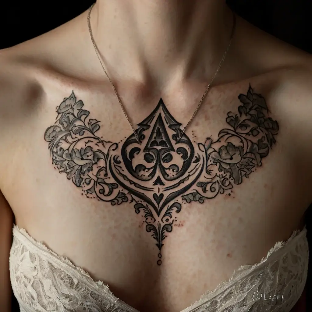 Elegant blackwork chest tattoo featuring an ornamental spade with floral patterns, blending intricate linework and bold shading.