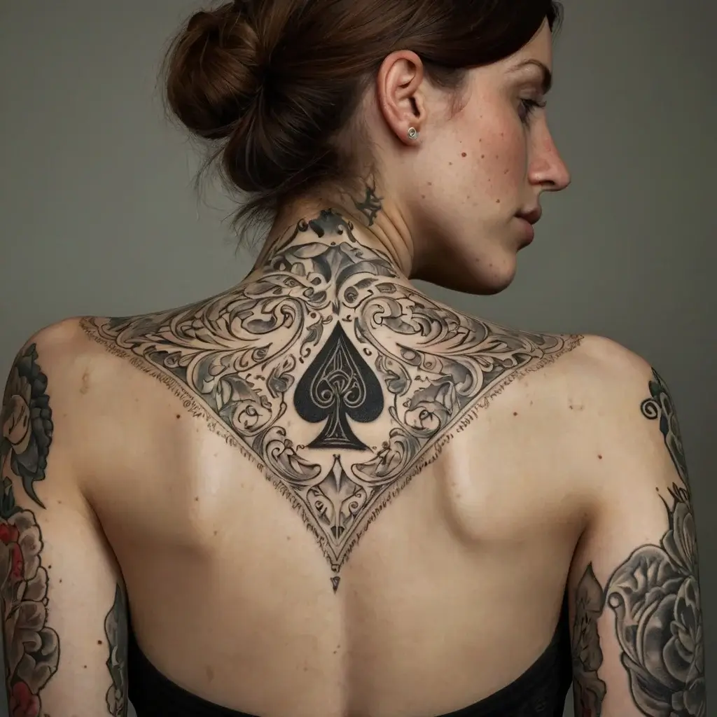 Elaborate spade tattoo on the upper back, surrounded by intricate floral and ornamental patterns, extending to shoulders.