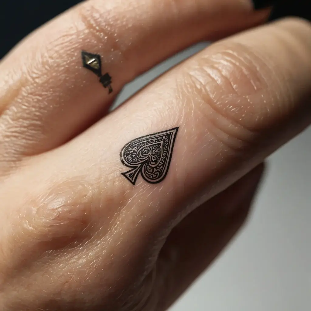 Intricate spade tattoo on finger with detailed paisley patterns, highlighting precision-work in black ink.