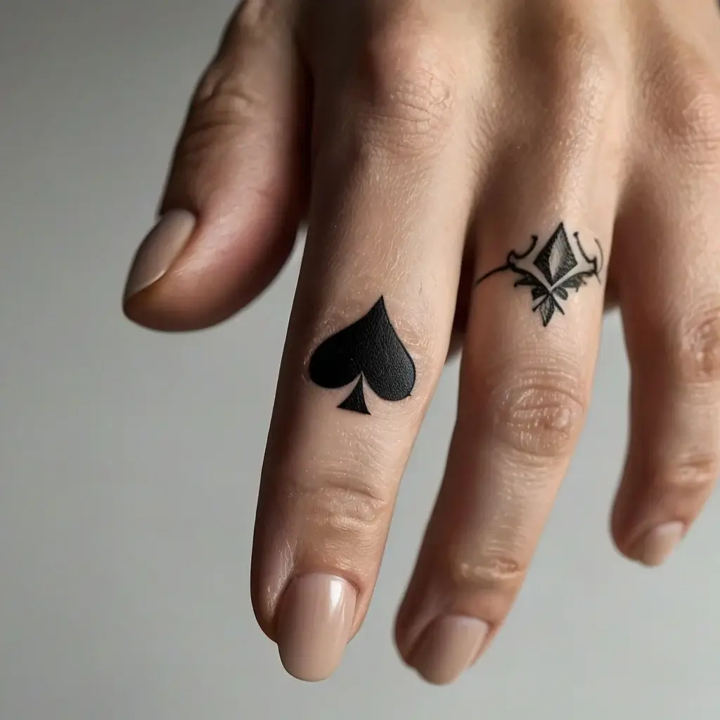 Tattoo of a black spade on the ring finger and an ornate diamond shape with flourishes on the middle finger.