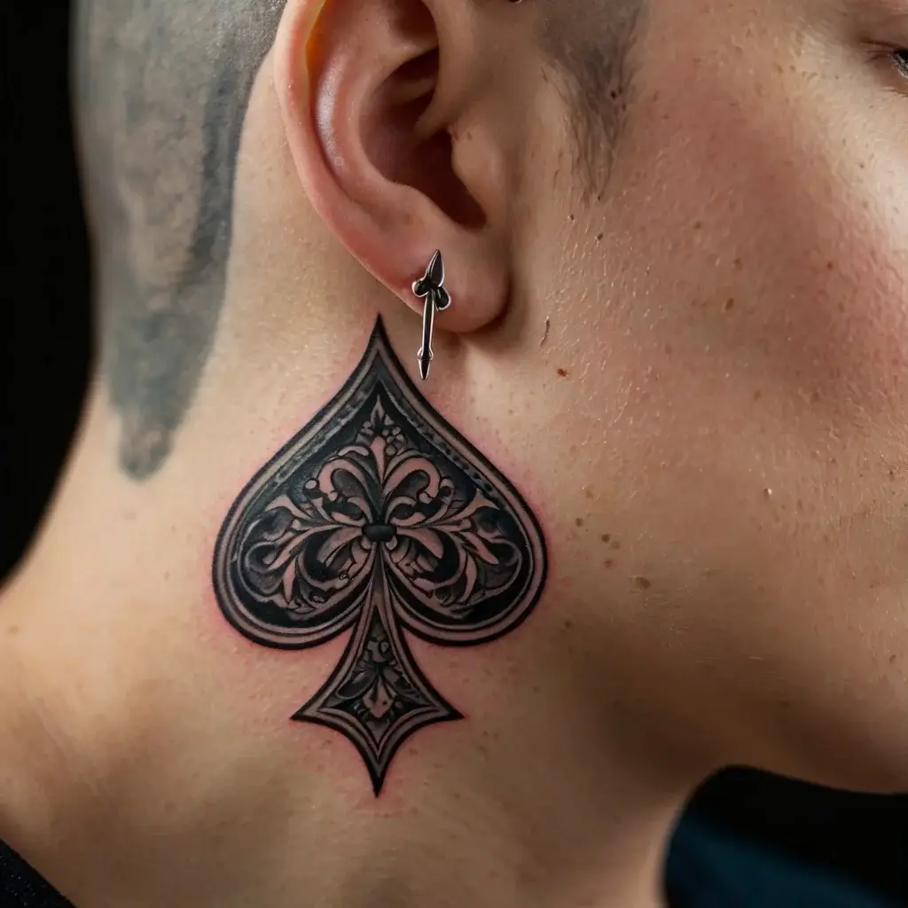 Tattoo of a detailed black spade design with ornamental patterns on the side of the neck, emphasizing symmetry and elegance.