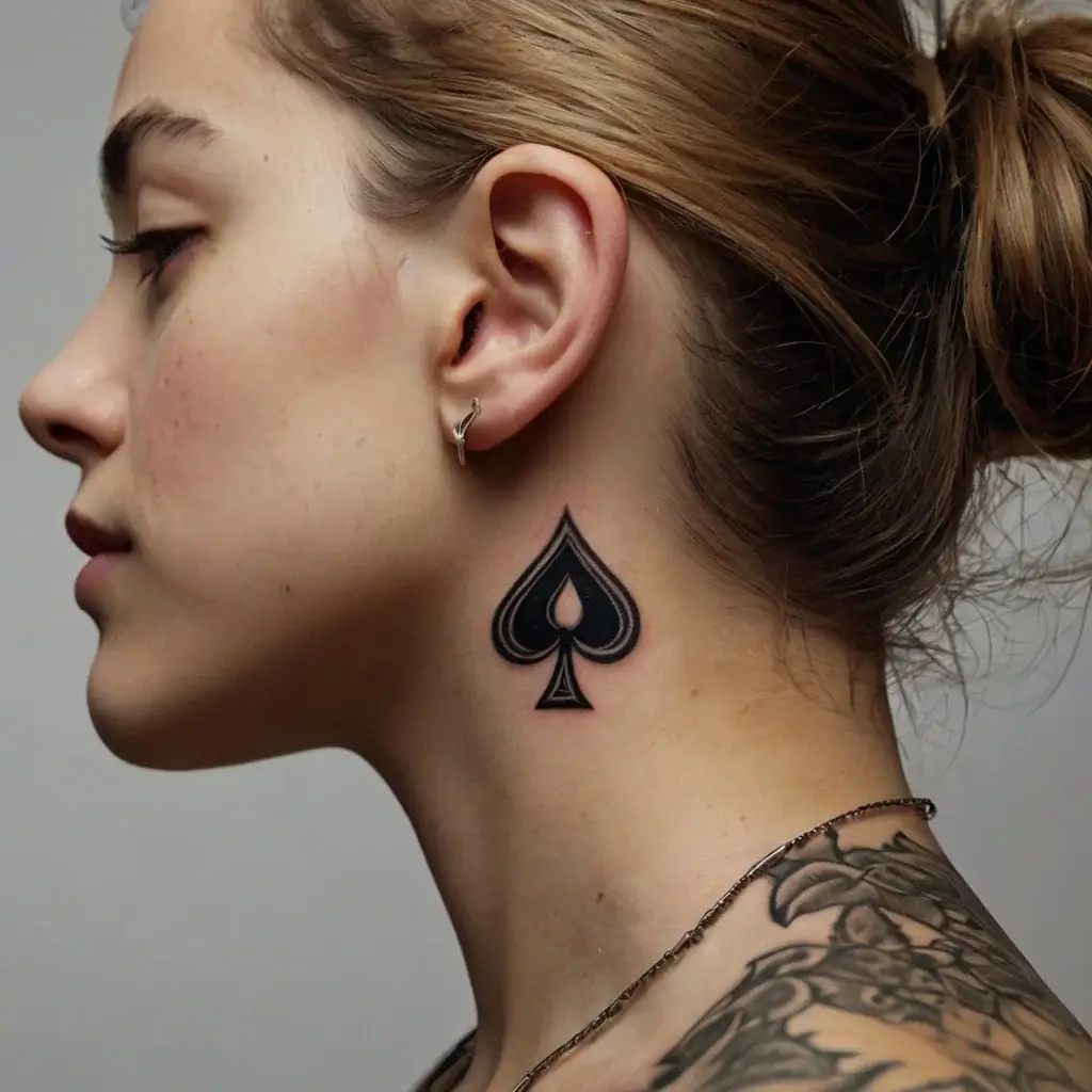 Neck tattoo of a bold black spade symbol, shaded for depth, symbolizing power and mystery.