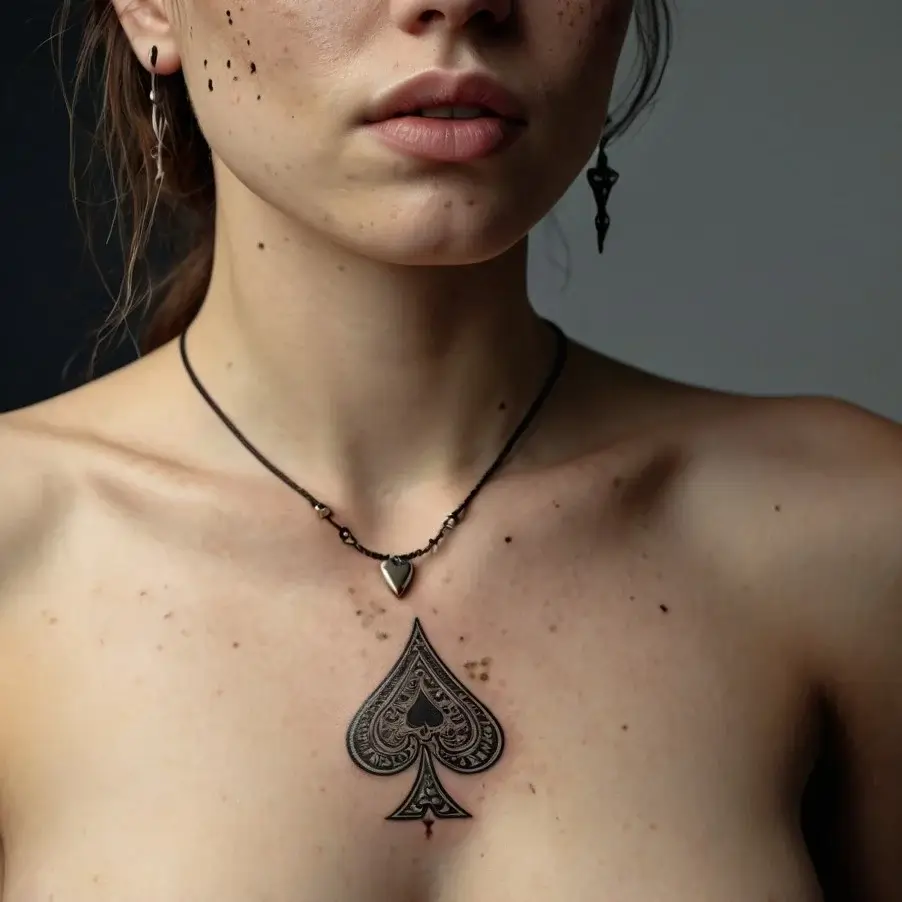 Intricate spade tattoo on chest with ornate detailing, blending elegance and boldness in a central symmetrical design.