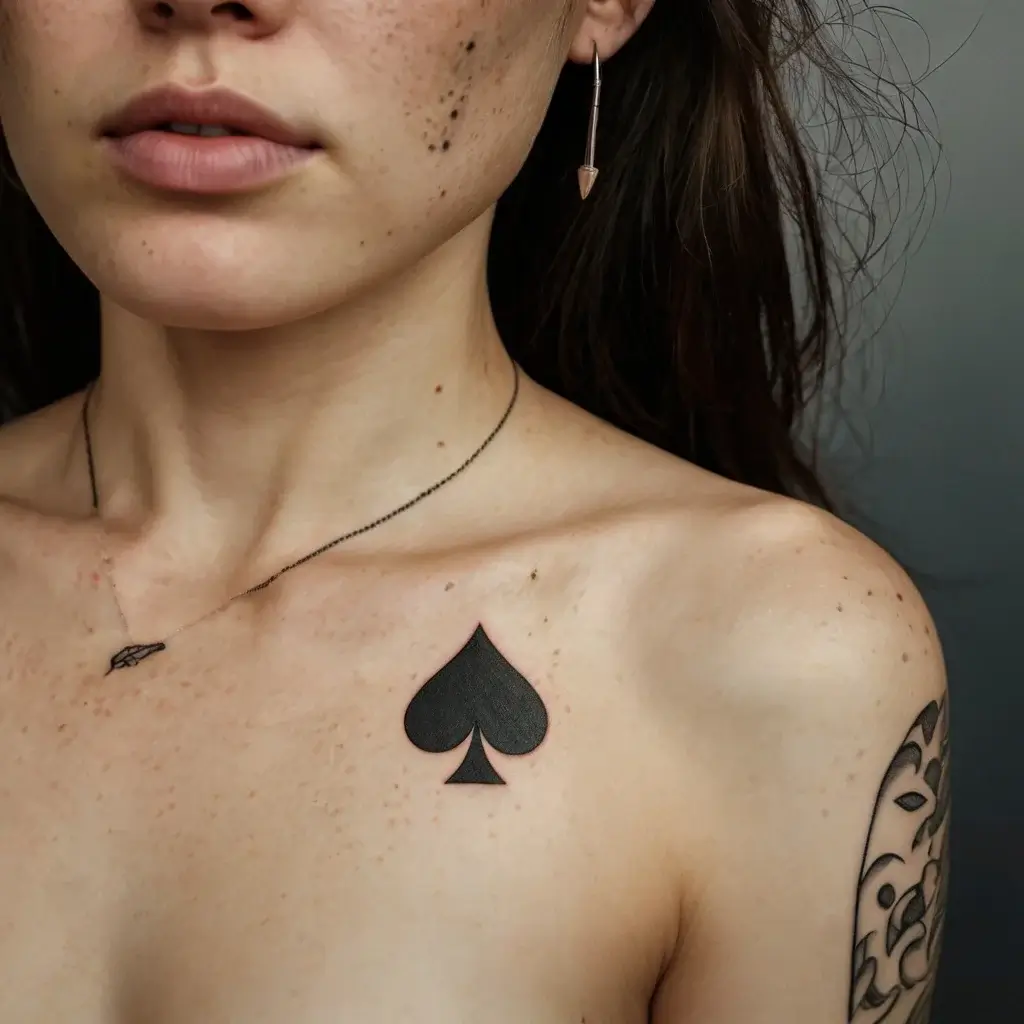 Tattoo of a bold black spade symbol above the collarbone, signifying luck and power, with delicate linework shading.