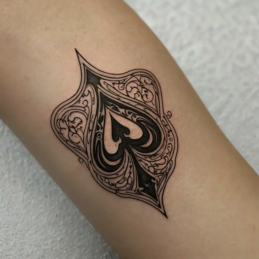 Intricate spade tattoo with detailed filigree patterns, blending bold black shading and fine line work on the arm.