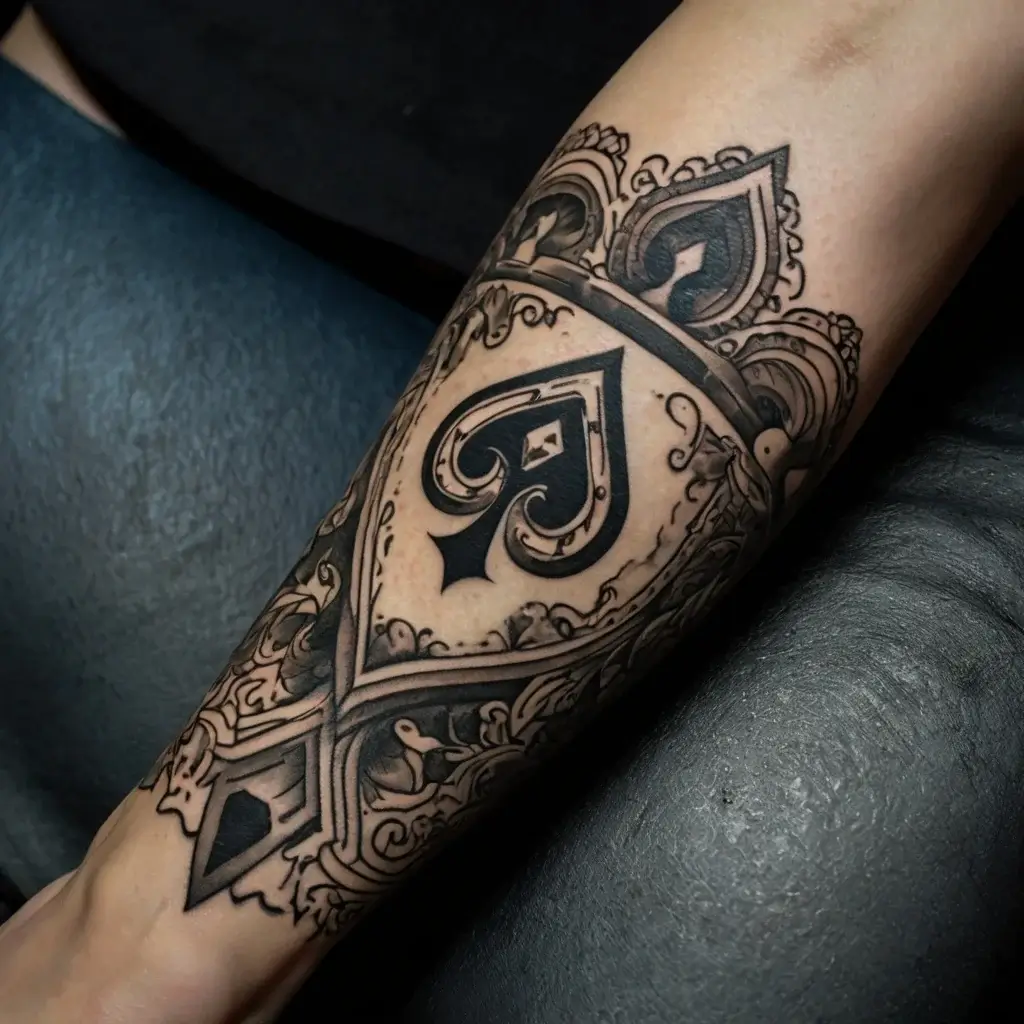 Tattoo of an ace of spades with ornate filigree details, blending geometric patterns for a classic, bold look.