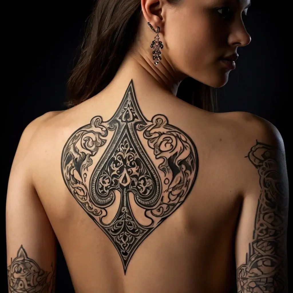 Intricate spade tattoo with ornate detailing, covering the entire back, surrounded by swirling floral patterns.