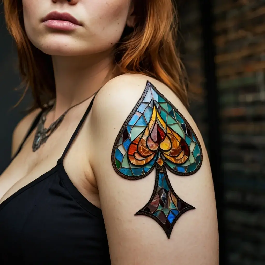 A vibrant stained glass spade tattoo with intricate geometric patterns and rich colors on the upper arm.