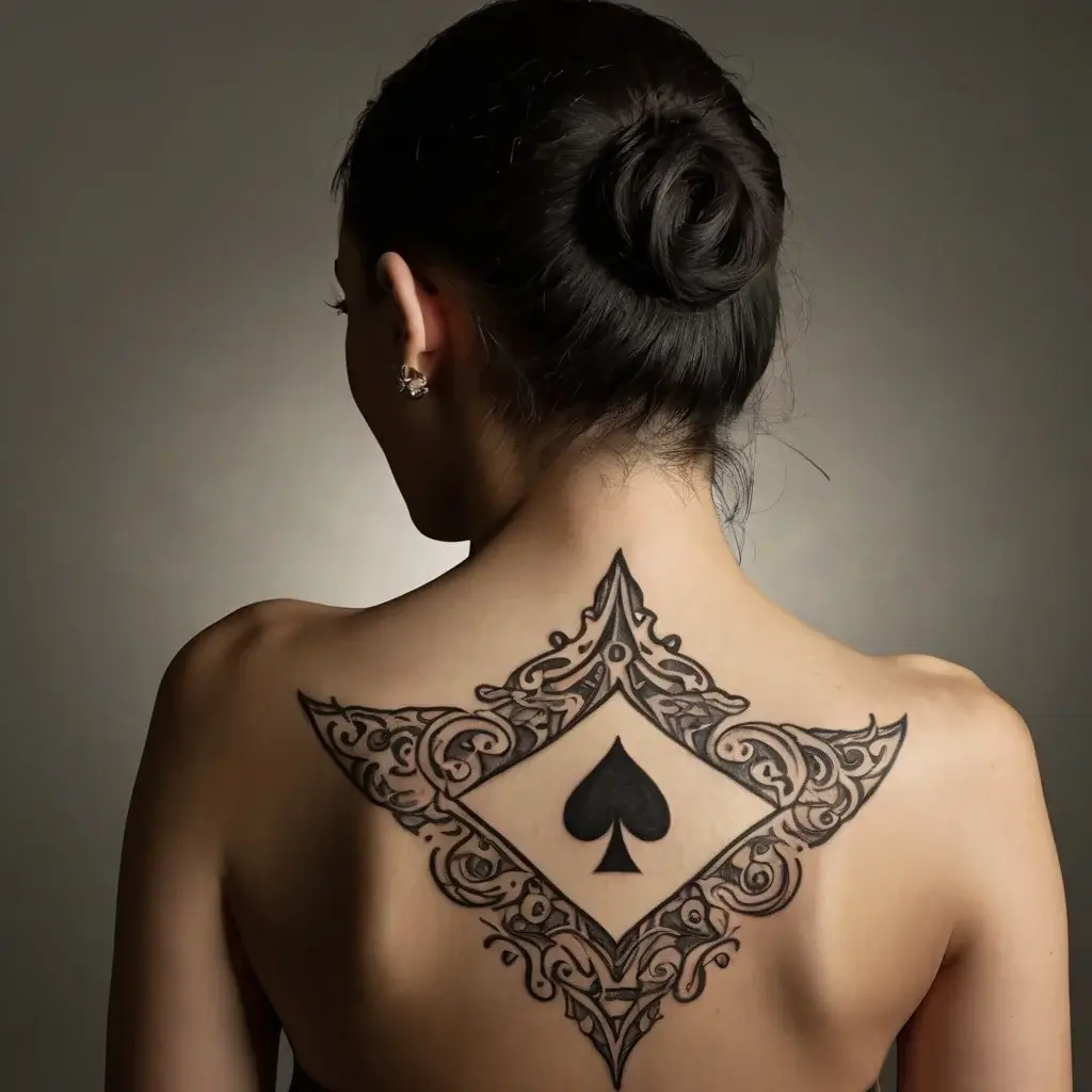 Ornate black spade tattoo on upper back, framed by an intricate, symmetrical filigree design with ornate detailing.